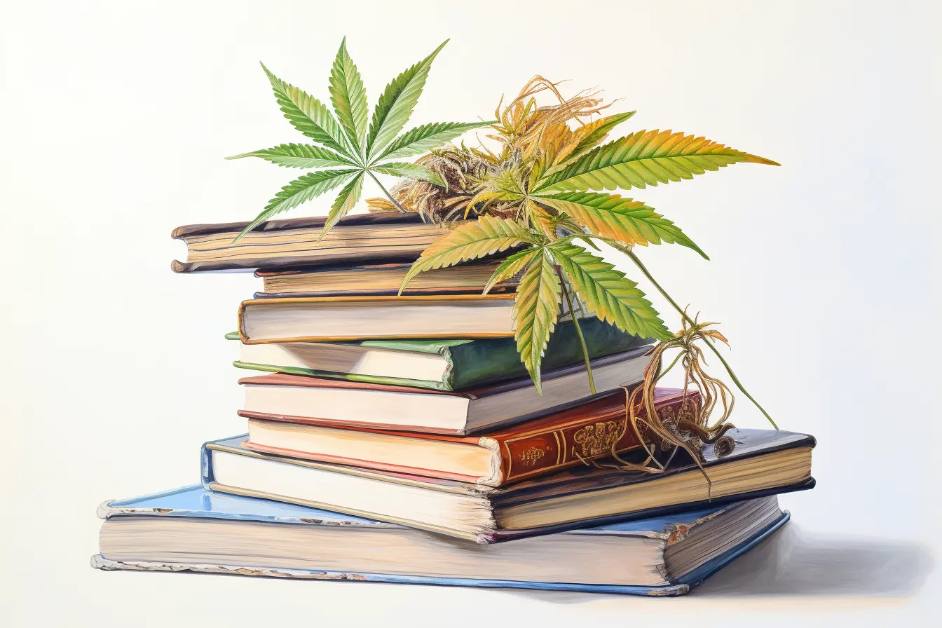 Cannabisblätter, die einen Haufen Bücher schmücken